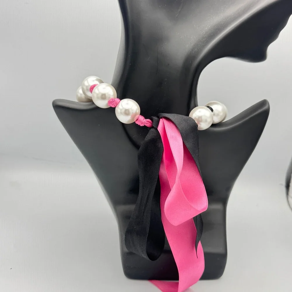 Oversized Faux Pearl Statement Necklace Ribbon Tie ‎ Pink Black Satin 20mm Beads